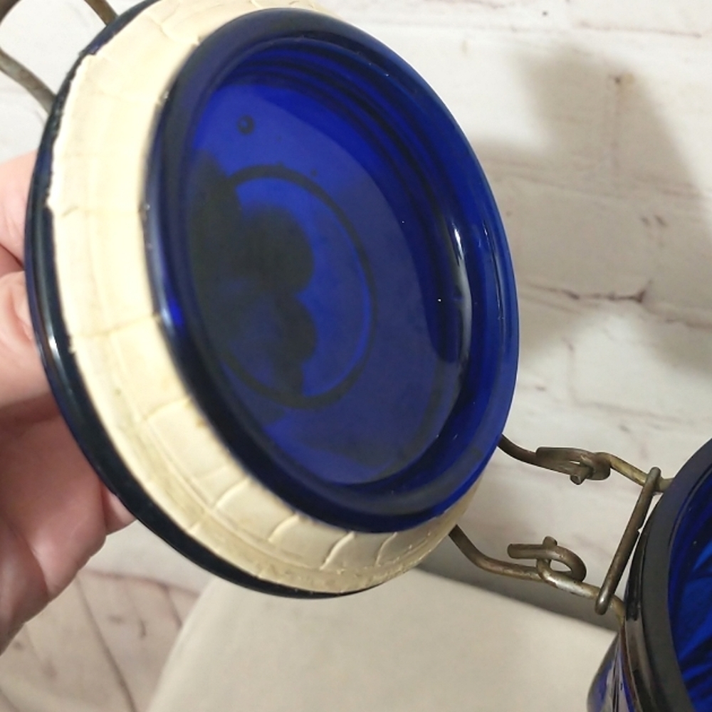 Vintage Cobalt Blue Glass Fruit Embossed Canister with Metal Hinged Lid 10" - Picture 9 of 10